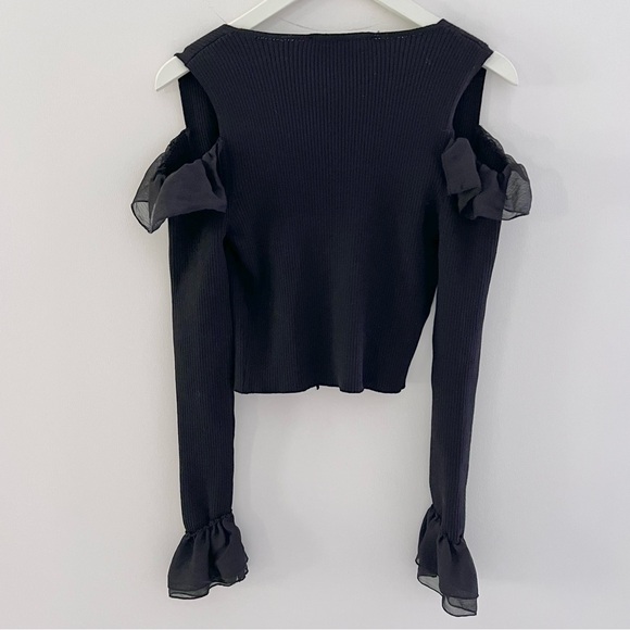 Zara cold shoulder ruffle ribbed knit black v-neck cardigan tie front size small - Picture 12 of 16